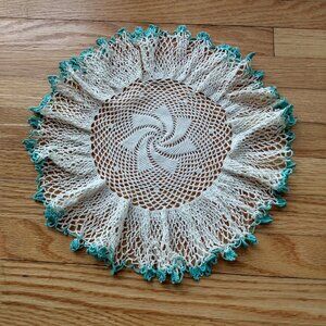 Vintage Pinwheel Crocheted Lace Doily with Green Ruffle Trim Jug Cover